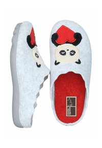Gray felt slippers with panda design on top. Red inner lining. White rubber sole. Features a red heart and black accents on the panda.