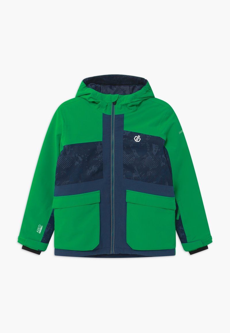 Veste verte et marine avec capuche, dotée de grandes poches avant, d'une fermeture zippée et de motifs de tissu texturé sur les sections marines.