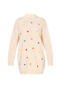 Neulottu villapusero kerma värissä, jossa on monivärisiä sydänkuvioita. Korkea kaula-aukko, pitkät hihat ja oversized-malli, jossa on joustavat hihansuut ja helma.