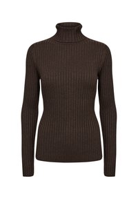 Dunkelbrauner, gerippter Strickpullover mit Stehkragen, langen Ärmeln und schmaler Passform, vor einem weißen Hintergrund präsentiert.