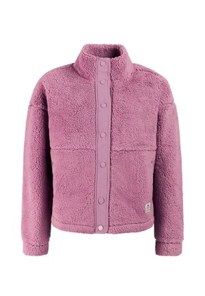 Mauve korte fleecejas met opstaande kraag en drukknopen aan de voorkant, zachte, gestructureerde stof en lange mouwen.