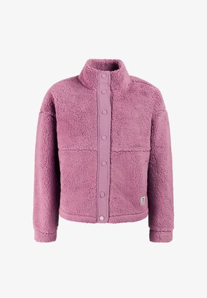Kurz geschnittene Fleecejacke in Mauve mit Stehkragen und Druckknöpfen vorne, strukturiertem weichem Stoff und langen Ärmeln.