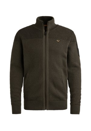 Dunkelolivgrüner, gestrickter Zip-Pullover mit hohem Kragen, strukturiertem Muster, gerippten Bündchen und Taillenabschluss sowie einem kleinen Logo auf der Brust.