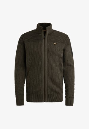 Dunkelolivgrüner, gestrickter Zip-Pullover mit hohem Kragen, strukturiertem Muster, gerippten Bündchen und Taillenabschluss sowie einem kleinen Logo auf der Brust.