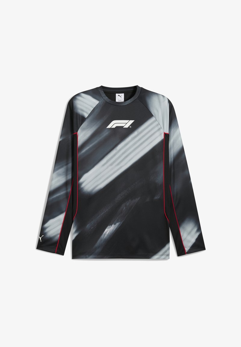 Langärmliges schwarzes Hemd mit grauem Pinselstrichmuster, roten Akzenten an den Nähten und einem weißen F1-Logo auf der Brust. Hergestellt aus atmungsaktivem Material.