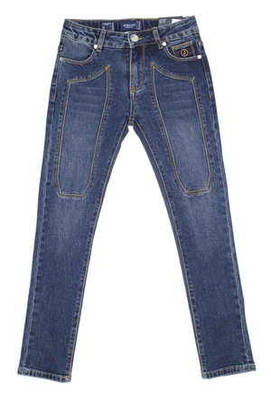 Blaue Denim-Jeans mit aufgesetzten Fronttaschen, kontrastierenden gelben Nähten, Knopfverschluss und Markenlabel am Bund und Münztasche.