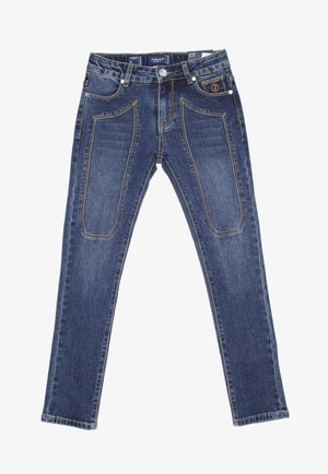 Blue denim jeans with front patch pockets, contrast yellow stitching, button closure, and brand label on waistband and coin pocket.