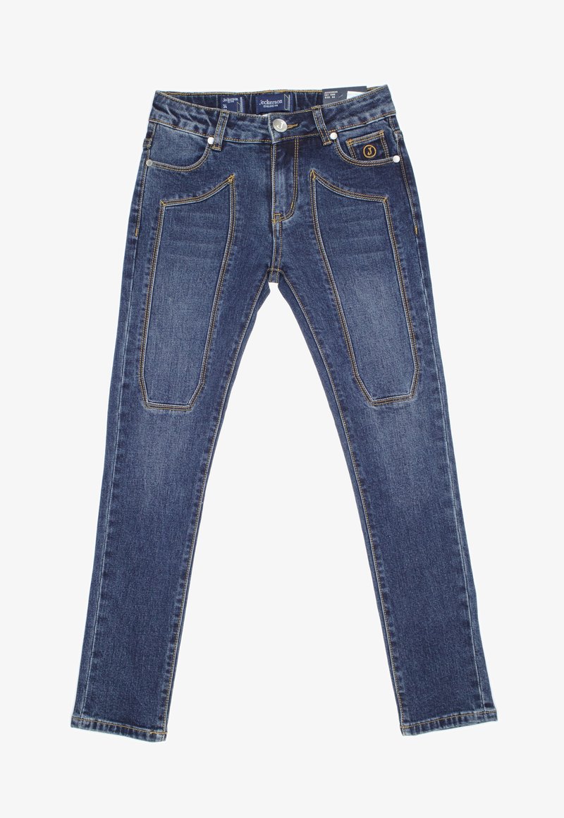 Jean en denim bleu avec poches plaquées devant, surpiqûres jaunes contrastantes, fermeture par bouton et étiquette de marque sur la ceinture et la poche monnaie.