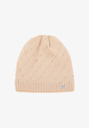 Berretta a cuffia beige lavorata a maglia con motivo a diamante, decorata con piccoli strass argentati e con un'etichetta del marchio in basso.