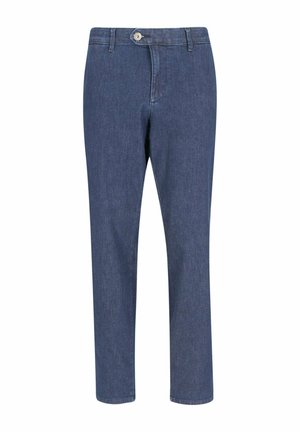 Blaue Jeans mit geradem Bein, Knopf- und Reißverschluss, Gürtelschlaufen und klassischem Fünf-Taschen-Design.