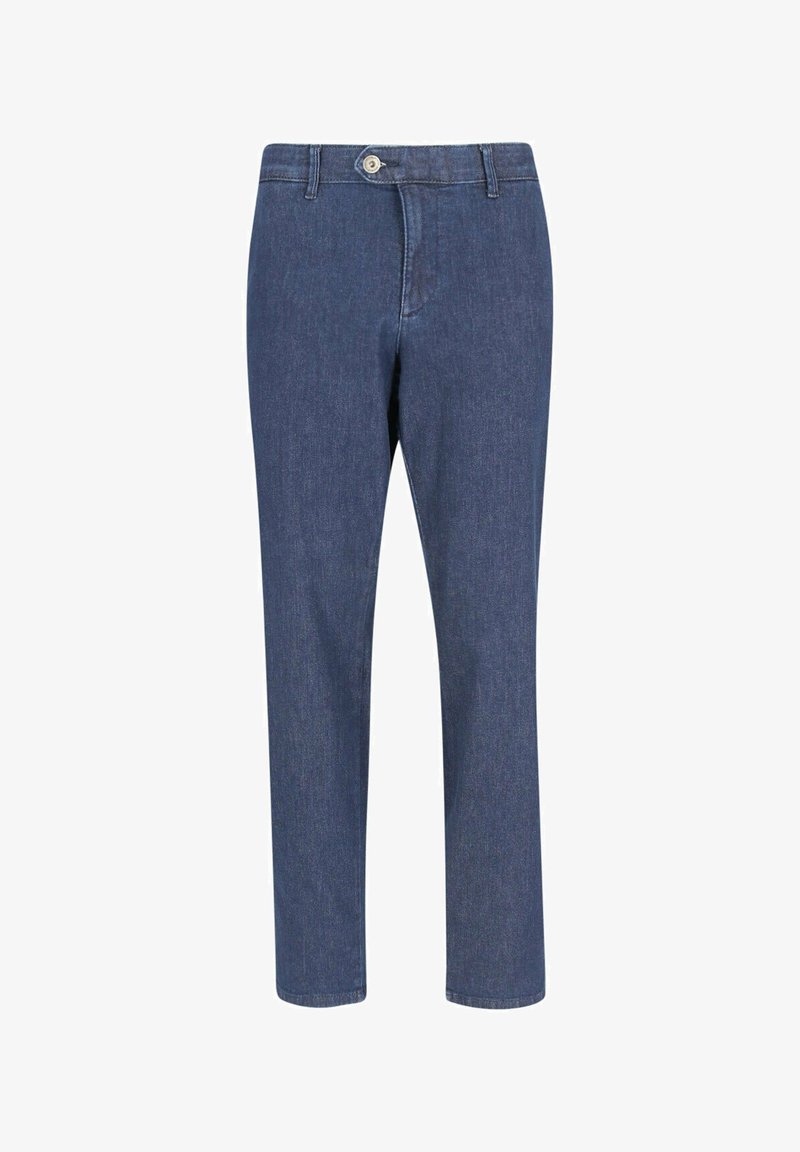 Blue straight-leg jeans with button and zipper closure, belt loops, and a classic five-pocket design.