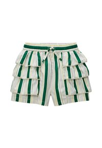Shorts en coton avec une taille élastique, ornés de rayures verticales vertes, jaunes et blanches et de trois volants de chaque côté.