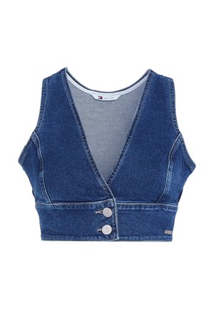 Tamna plava traka od denima s V-izrezom, bez rukava, s dva dodana gumba i suptilnim detaljima šivanja.
