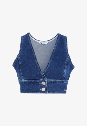 Tamna plava traka od denima s V-izrezom, bez rukava, s dva dodana gumba i suptilnim detaljima šivanja.