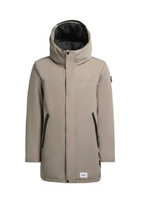 Veste d'hiver beige à capuche avec doublure intérieure noire, deux poches verticales zippées et fermeture à boutons-pression et fermeture éclair à l'avant.