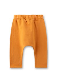 Orangene Baumwollshorts mit elastischem Bund, die einen lässigen Schnitt und einen abgerundeten Schnitt an den Beinen bieten. Glatte Textur, ohne Muster.