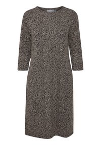 Eläinkuosilla painettu mekko hillityissä beige- ja ruskeasävyissä, jossa on pitkät hihat, pyöreä kaula-aukko ja löysä istuvuus. Pehmeä kangas.