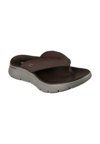 Brown flip-flop sandaal met een gestructureerde voetbed, gebogen grijze buitenzool en een gevoerde band voor comfort. Heeft subtiele stiksels en branding.