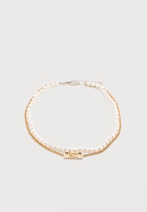Double-layer necklace with white pearls and gold chain featuring a DSQ2 rectangular pendant on a white background.