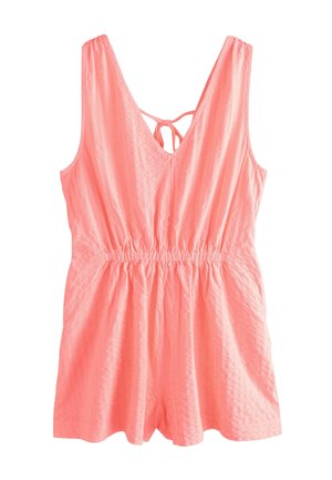 Ärmelloser Korallen-pinker Overall mit V-Ausschnitt, verstellbarer Rückenschnürung, elastischer Taille und locker sitzenden Shorts aus leichtem, strukturiertem Stoff.