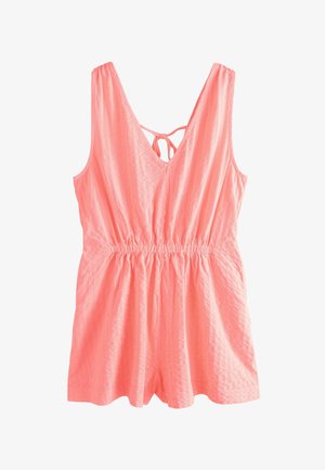 Tuta corta color rosa corallo senza maniche con scollo a V, laccio regolabile sulla schiena, vita elasticizzata e pantaloncini larghi in tessuto leggero e strutturato.