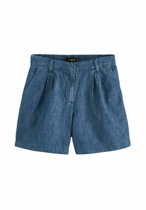Denim sinine lühikesed püksid, millel on mugav lõige, plekid, vöökoht silmadega ja puhas äär. Valmistatud kerge riidematerjali jaoks.