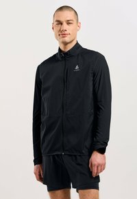 Schwarze leichte Jacke mit durchgehendem Reißverschluss, Stehkragen und elastischen Bündchen. Besitzt eine glatte Textur und ein dezentes Logo auf der Brust.