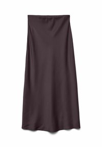 Mørkeblå, knælang nederdel lavet af glat, let stof med et enkelt, lige design og en elastisk talje.