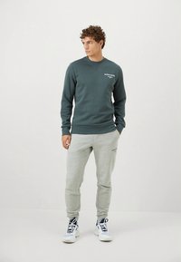 Mörkgrön sweatshirt med rund hals, kombinerad med ljusgrå sweatpants. Båda plaggen har logotyper. Modellen bär vita sneakers.