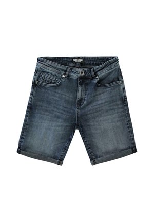 Donkerblauwe denim shorts met een omgevouwen zoom, voorzien van twee voorkezen en een merklabel op de tailleband. Standaard ritssluiting en knoopsluiting.