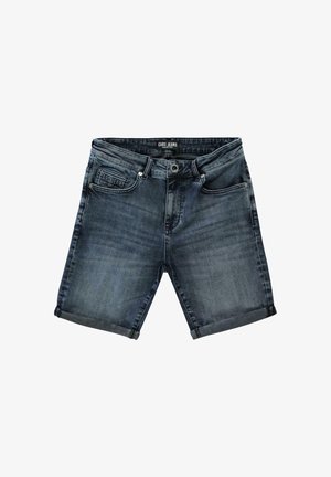 Donkerblauwe denim shorts met een omgevouwen zoom, voorzien van twee voorkezen en een merklabel op de tailleband. Standaard ritssluiting en knoopsluiting.