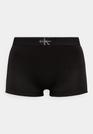 Boxeri negri pentru bărbați Calvin Klein, cu talie lată ce prezintă logo-ul "CK" și numele brandului în gri.