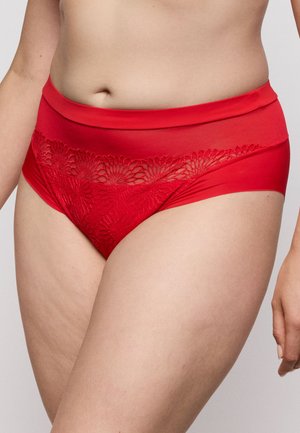 Rode slip met hoge taille, voorzien van een doorschijnend geborduurd bloemenpatroon aan de voorkant en gladde stof, met een comfortabele pasvorm en zachte tailleband.
