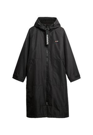Black waterproof long coat with a hood, zipper closure, two front pockets, and a logo tag, featuring a smooth, textured fabric.