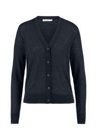 Cardigan bleu marine en tissu léger, avec un col en V, des manches longues et six boutons sur le devant, avec un ourlet et des poignets côtelés.