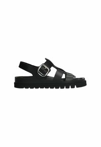 Zwarte sandalen van synthetisch materiaal met een gesp, open ontwerp en een dikke, gestructureerde zool met een geribbeld patroon.