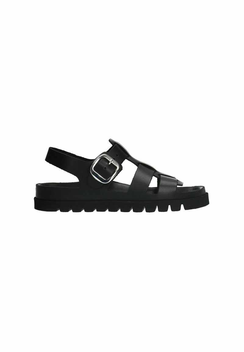 Zwarte sandalen van synthetisch materiaal met een gesp, open ontwerp en een dikke, gestructureerde zool met een geribbeld patroon.