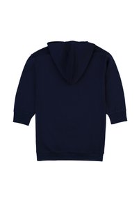 Felpa con cappuccio blu navy con maniche lunghe, polsini a coste e cappuccio con coulisse, realizzata in morbido tessuto di cotone con una texture liscia.