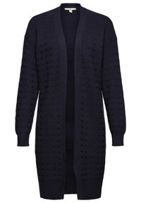 Granatowy sweter z dzianiny, otwarty z przodu, z teksturowanym wzorem w kratkę, długimi rękawami i ściągaczami, z bocznymi rozcięciami dla łatwości ruchu.