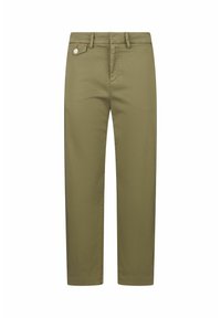 Pantaloni in cotone verde olivo con taglio dritto, design a cinque tasche e un bottone argento sul davanti. Texture liscia e vestibilità su misura.