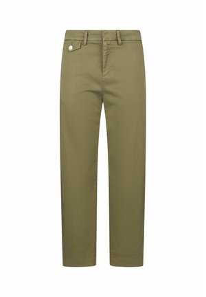 Pantalon en coton vert olive à coupe droite, design à cinq poches et bouton argenté à l'avant. Texture lisse et coupe ajustée.