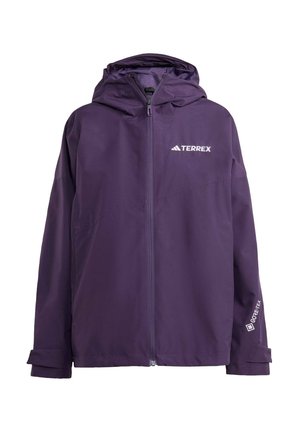 Purple waterproof jacket with a hood, featuring a front zipper, elastic cuffs, and "TERREX" logo. Made from durable synthetic material.