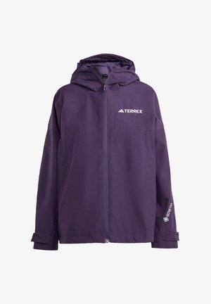 Giacca impermeabile viola con cappuccio, dotata di zip frontale, polsini elasticizzati e logo "TERREX". Realizzata in materiale sintetico durevole.