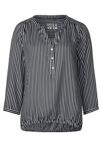 Schwarz-weiß gestreifte Bluse mit V-Ausschnitt, Dreiviertelärmeln, Knopfleiste und gerafftem Saum. Leichte Stoffqualität.