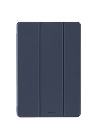 Dunkelblaue Tablethülle mit drei faltbaren Abschnitten und dem "hama"-Logo im unteren Zentrum.