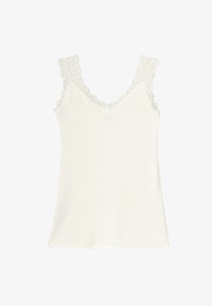 Débardeur blanc sans manches avec un col en V, orné d'une bordure en dentelle autour de l'encolure et des bretelles. Tissu lisse, coupe standard, sans motifs particuliers.