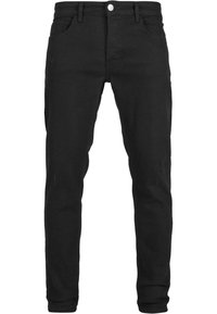 Crne traperice od denima slim fit kroja, s pet džepova, kopčanjem na dugme i suptilnim istrošeni mrljama na tkanini.
