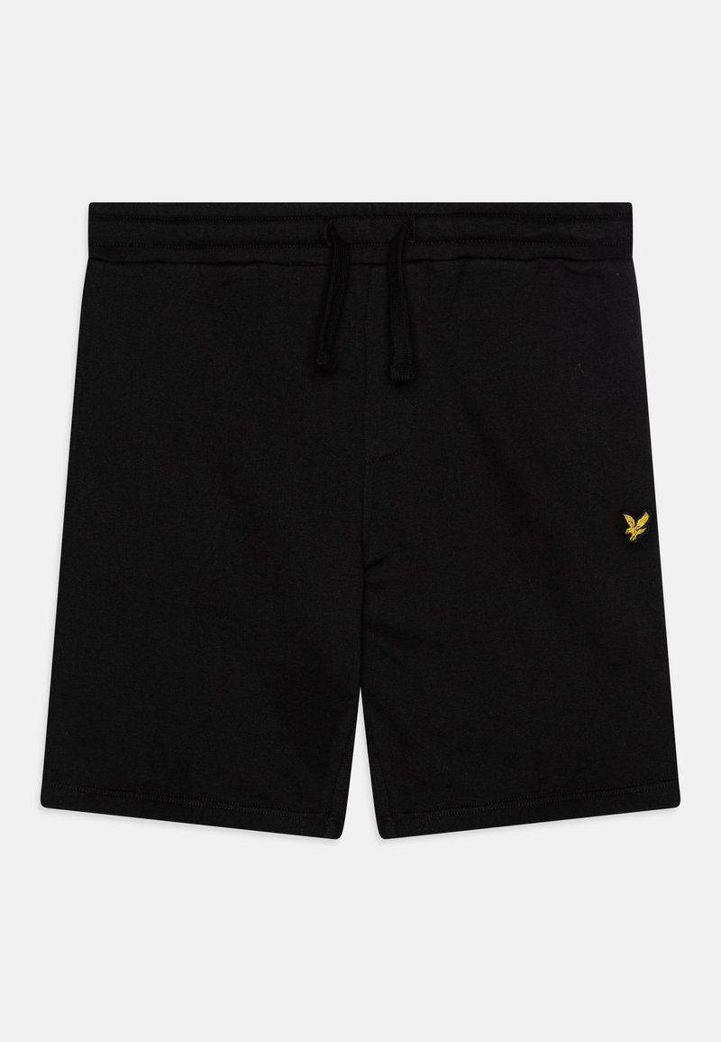 Schwarze Shorts aus weichem Stoff, mit einem elastischen Bund und einem Kordelzug sowie einem kleinen gelben Logo auf der linken Seite.