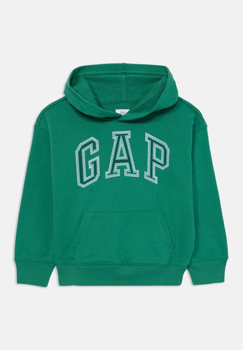 Πράσινη hoodie με μπροστινές τσέπες, ριμπ μανσέτες και τη λέξη "GAP" σε αντίθετο λευκό περίγραμμα. Μαλακή υφή υφάσματος.