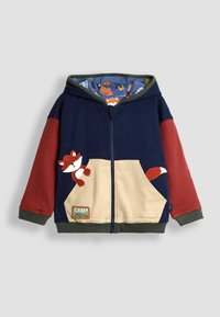 Laste lukuga kapuutsiga dressipluus, tumesinise kerega, roostes värvi varrukatega, beežide taskutega, rebase aplikatsiooni ja kapuutsi siseküljel laagriga seotud ikoonidega trükiga.